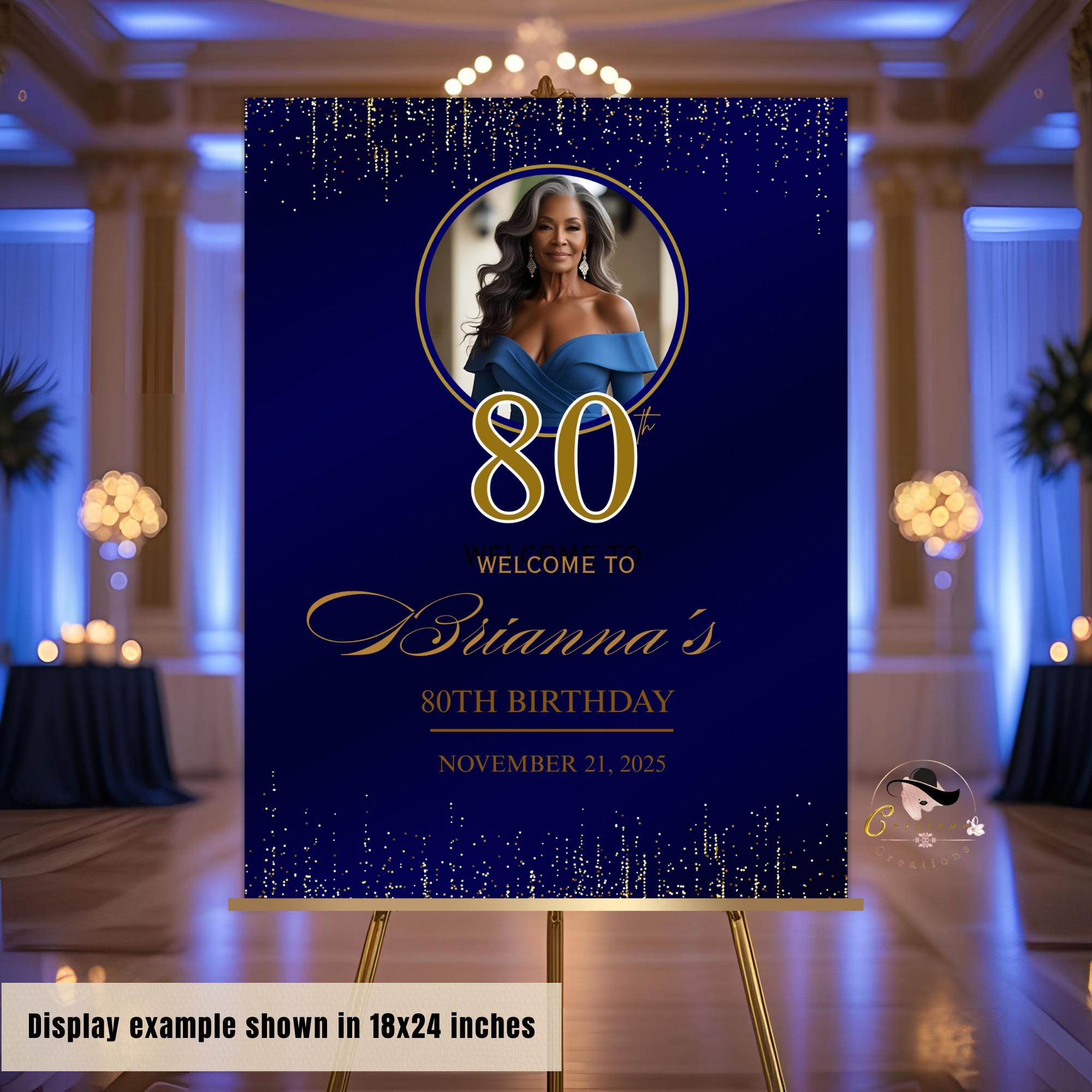 Editable Party Welcome Sign Navy Blue Gold Birthday Party sign with photo Welcome board sign Printable Retirement Party poster sign Template