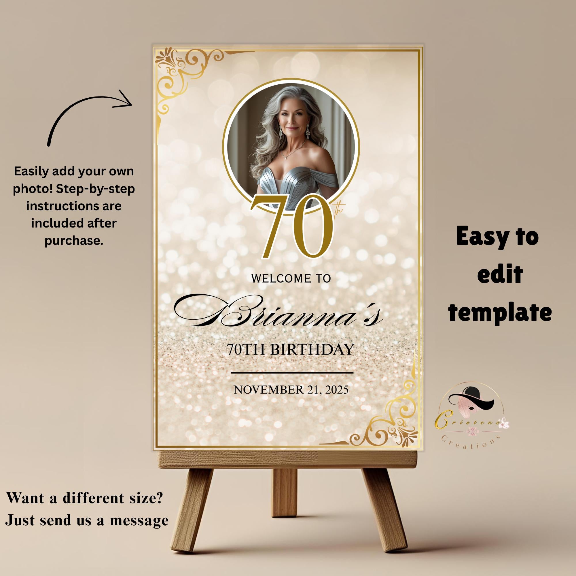 Digital Birthday Welcome Sign White gold Editable Party Poster sign with photo Glam Luxury Birthday Welcome board sign Printable Template