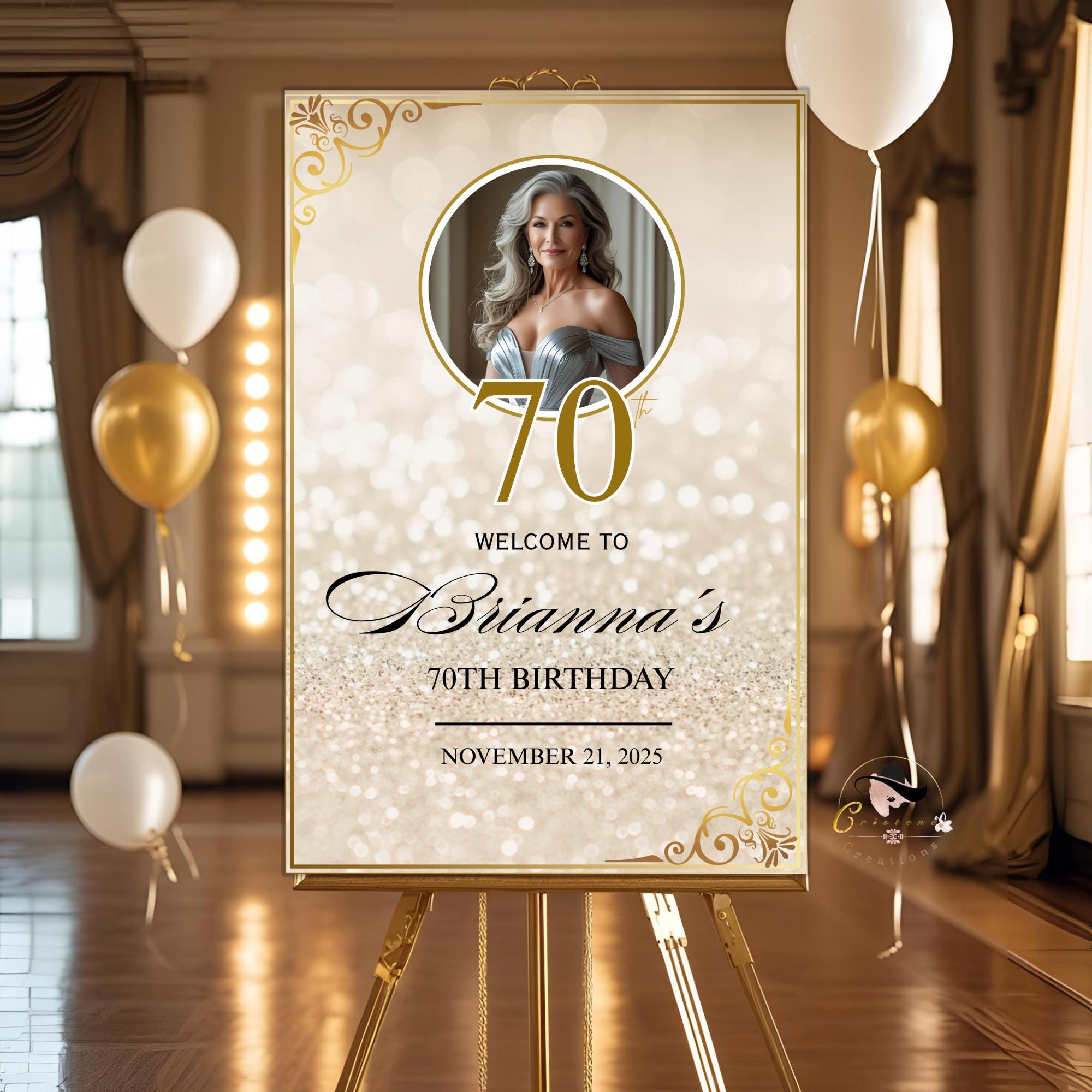 Digital Birthday Welcome Sign White gold Editable Party Poster sign with photo Glam Luxury Birthday Welcome board sign Printable Template