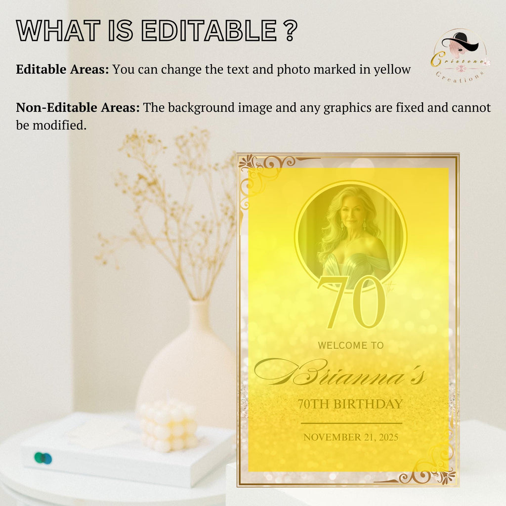 Digital Birthday Welcome Sign White gold Editable Party Poster sign with photo Glam Luxury Birthday Welcome board sign Printable Template