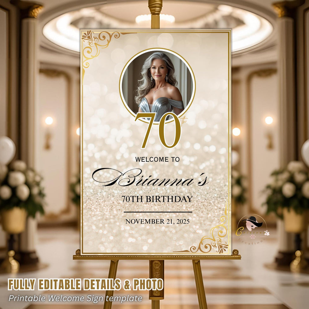 Digital Birthday Welcome Sign White gold Editable Party Poster sign with photo Glam Luxury Birthday Welcome board sign Printable Template
