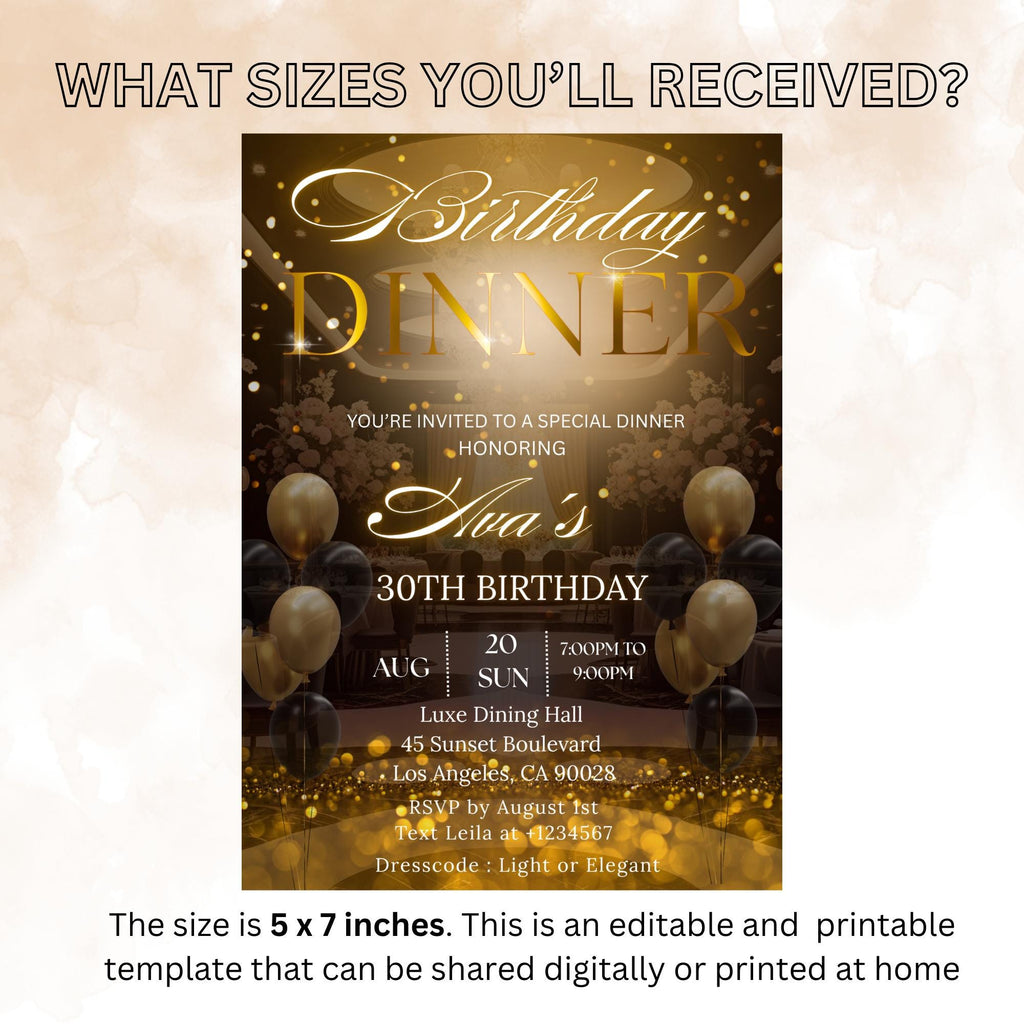 Digital Birthday Dinner Invitation Black gold Glam Dinner party invite Luxury Formal Dinner card woman, Editable Anniversary Dinner Template
