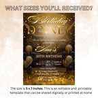Digital Birthday Dinner Invitation Black gold Glam Dinner party invite Luxury Formal Dinner card woman, Editable Anniversary Dinner Template