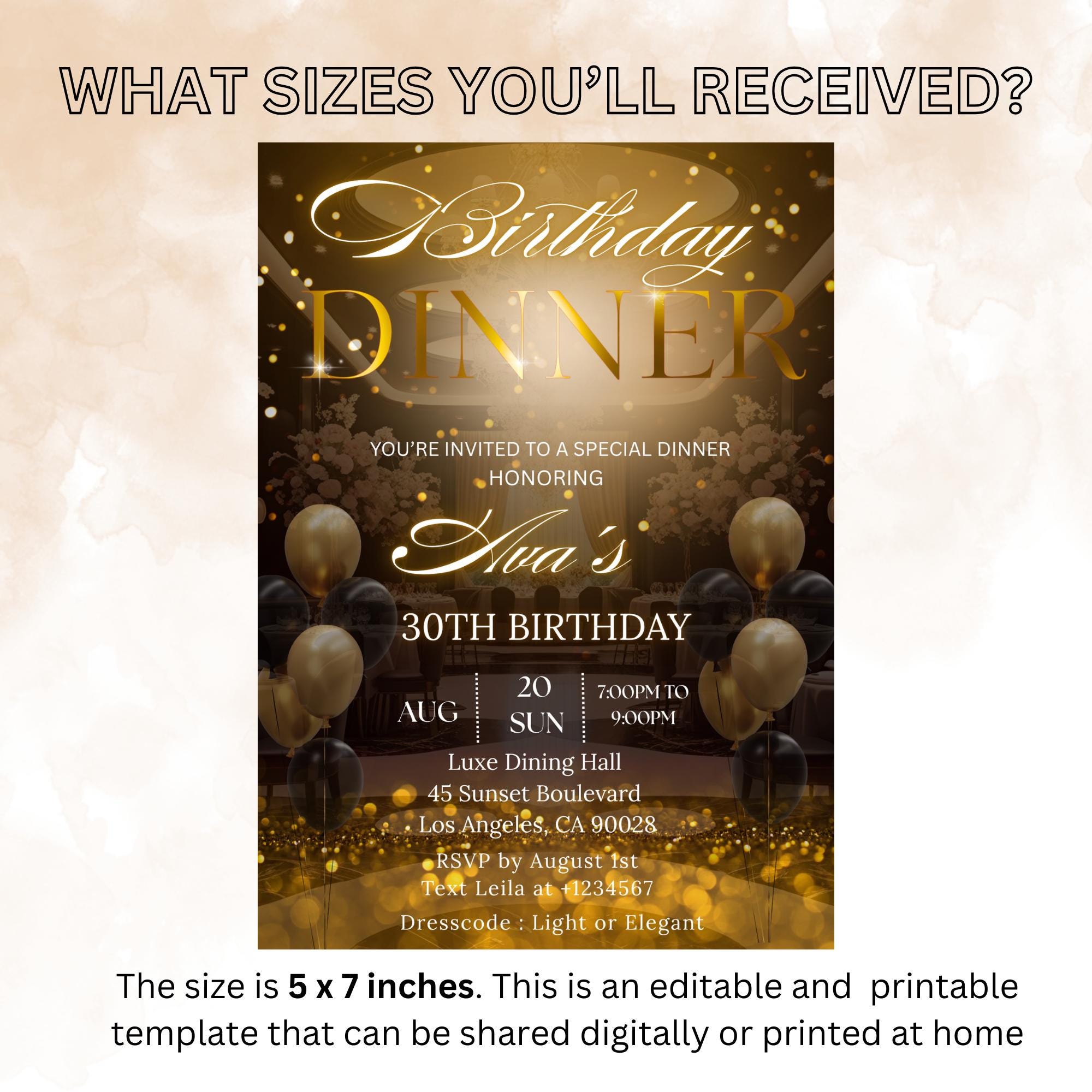 Digital Birthday Dinner Invitation Black gold Glam Dinner party invite Luxury Formal Dinner card woman, Editable Anniversary Dinner Template