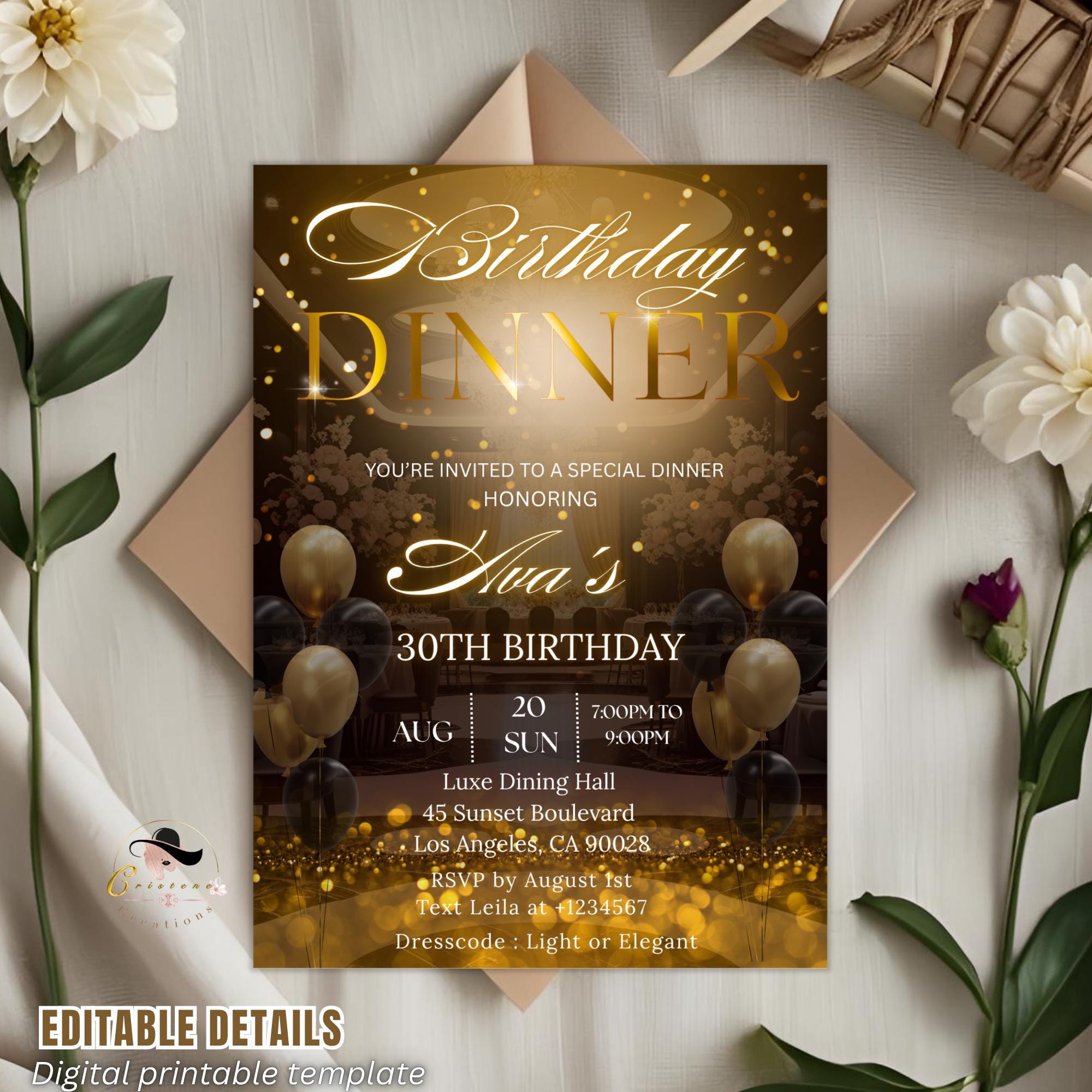 Digital Birthday Dinner Invitation Black gold Glam Dinner party invite Luxury Formal Dinner card woman, Editable Anniversary Dinner Template