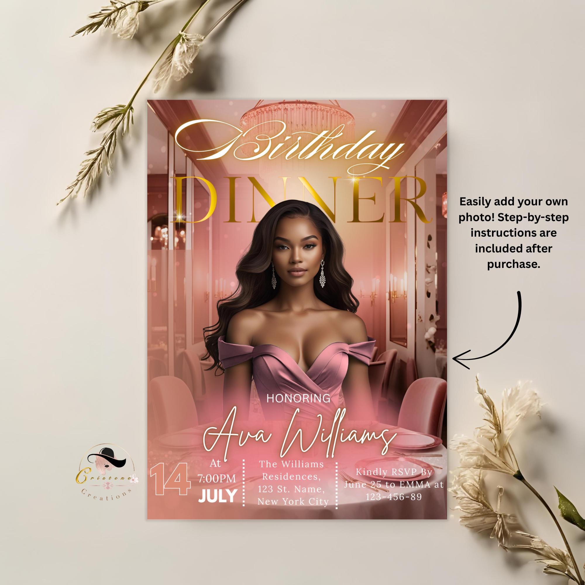 Digital Birthday Dinner Invitation with photo Pink Rose gold Elegant Dinner party invite Glam Luxury Birthday Dinner card Printable Template
