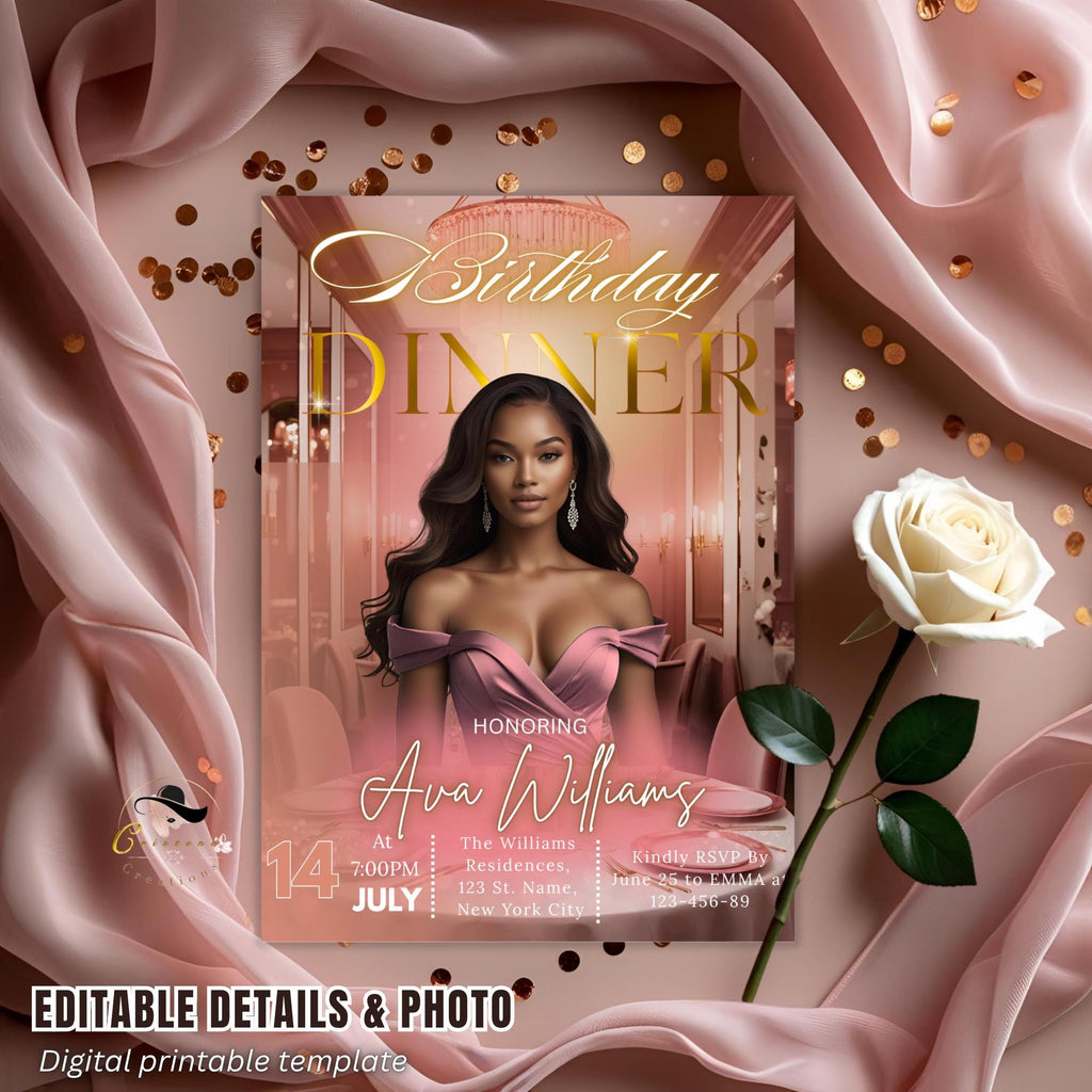 Digital Birthday Dinner Invitation with photo Pink Rose gold Elegant Dinner party invite Glam Luxury Birthday Dinner card Printable Template