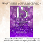 Purple 15th Birthday Invitation Girl Digital Sweet 15th Birthday dinner invite Fifteenth party card printable Quinceanera Dinner Template