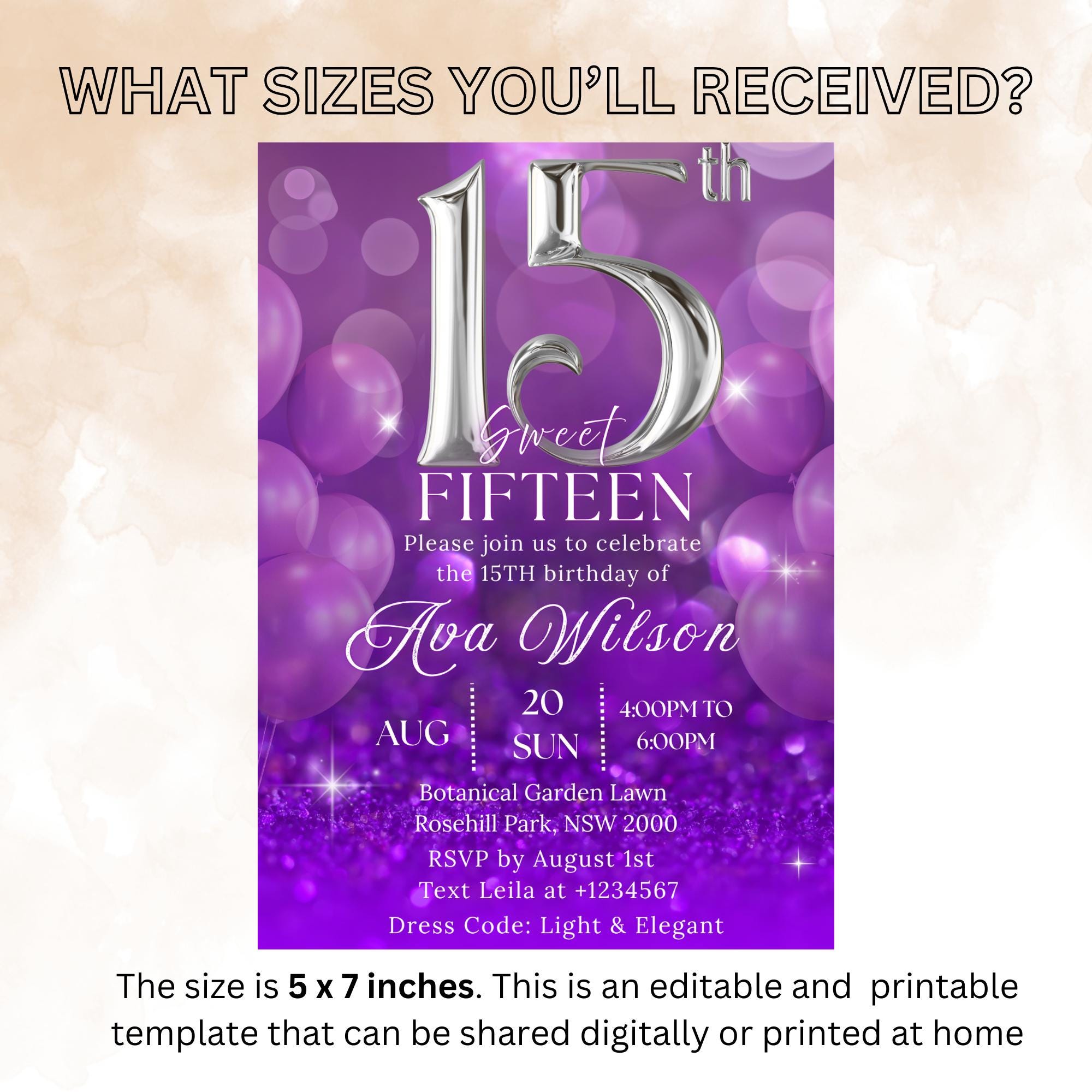 Purple 15th Birthday Invitation Girl Digital Sweet 15th Birthday dinner invite Fifteenth party card printable Quinceanera Dinner Template