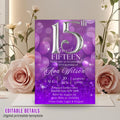 Purple 15th Birthday Invitation Girl Digital Sweet 15th Birthday dinner invite Fifteenth party card printable Quinceanera Dinner Template