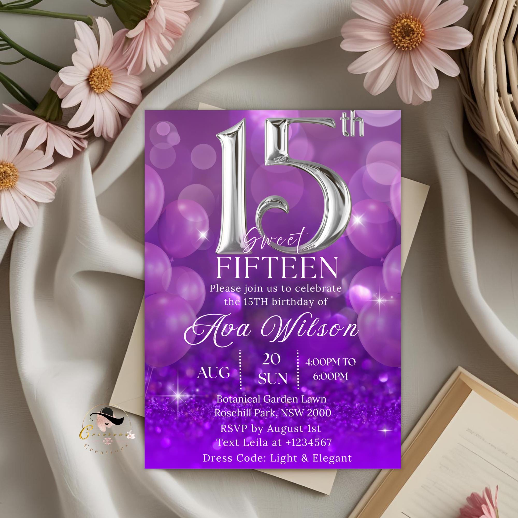 Purple 15th Birthday Invitation Girl Digital Sweet 15th Birthday dinner invite Fifteenth party card printable Quinceanera Dinner Template