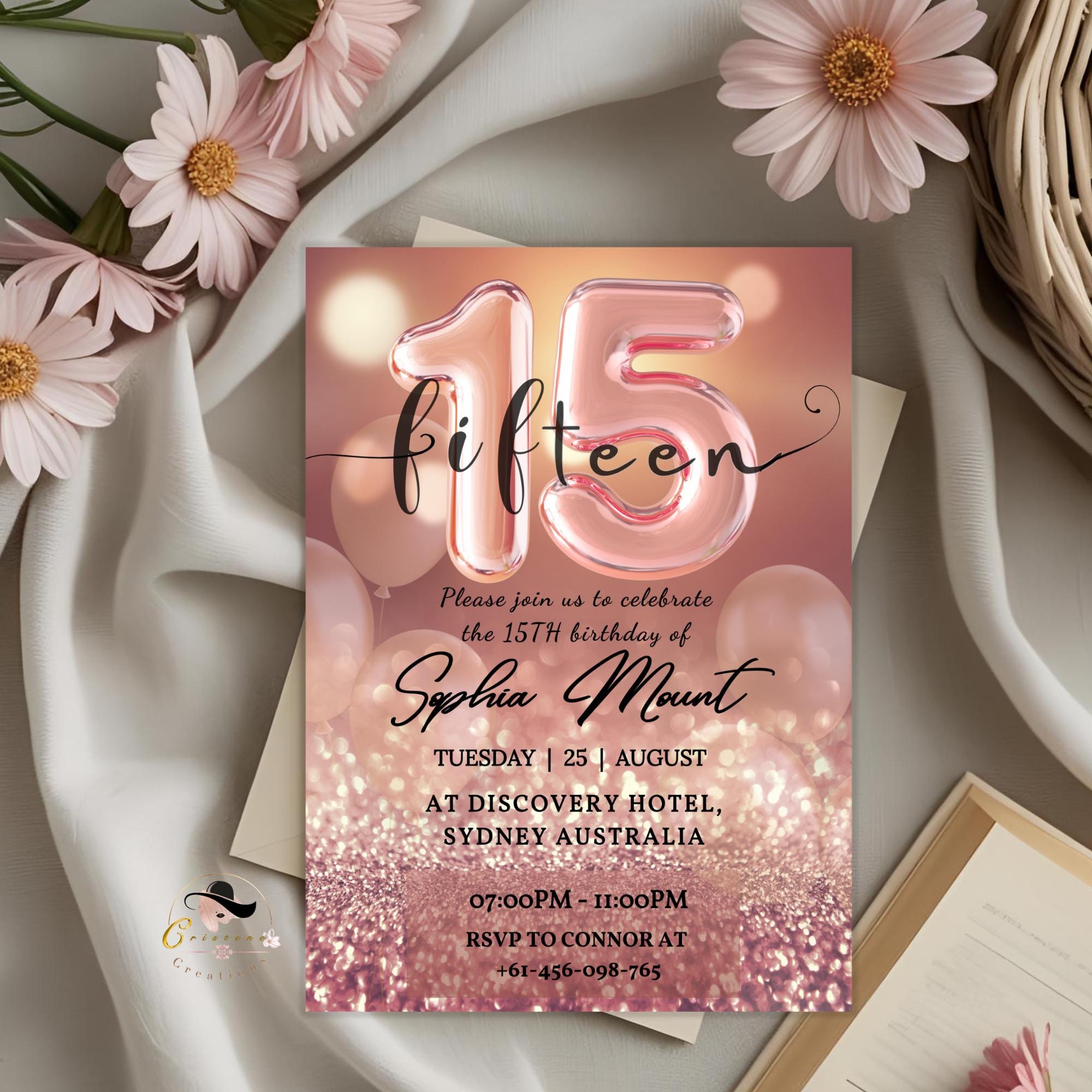 Rose Gold 15th Birthday Invitation, Quinceanera Party Invite, Sweet Fifteenth Dinner Invite, Teen Girl Birthday Brunch Printable Template
