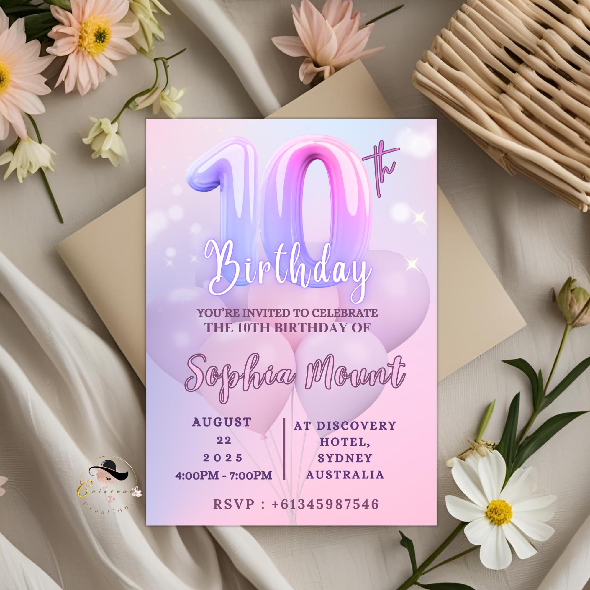 Digital 10th Birthday Invitation Pink Purple 10th Birthday Dinner invite, Tenth Birthday party card Printable Double Digit Editable Template