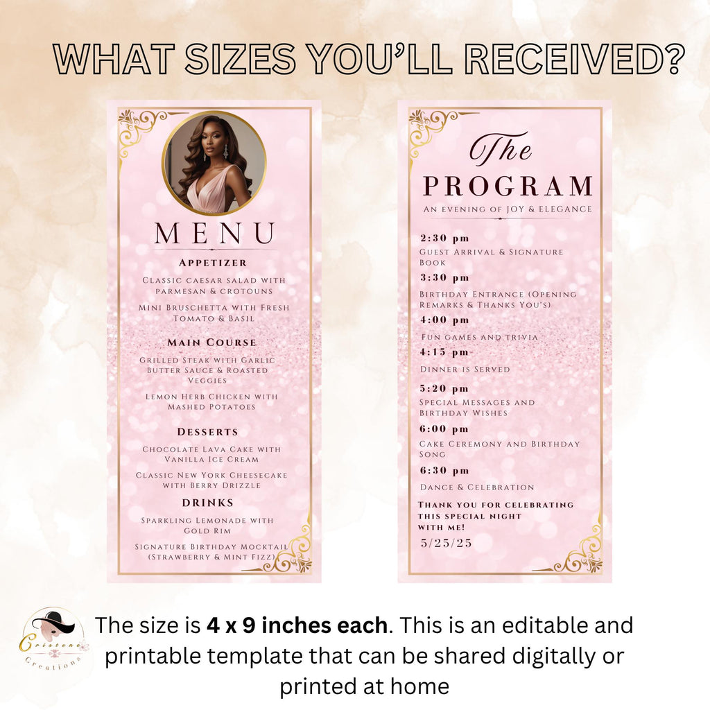 Menu and Program Template with photo Pink Sweet 16 Birthday Dinner Menu party Bridal Shower Menu Program Printable Baby Shower Menu cards