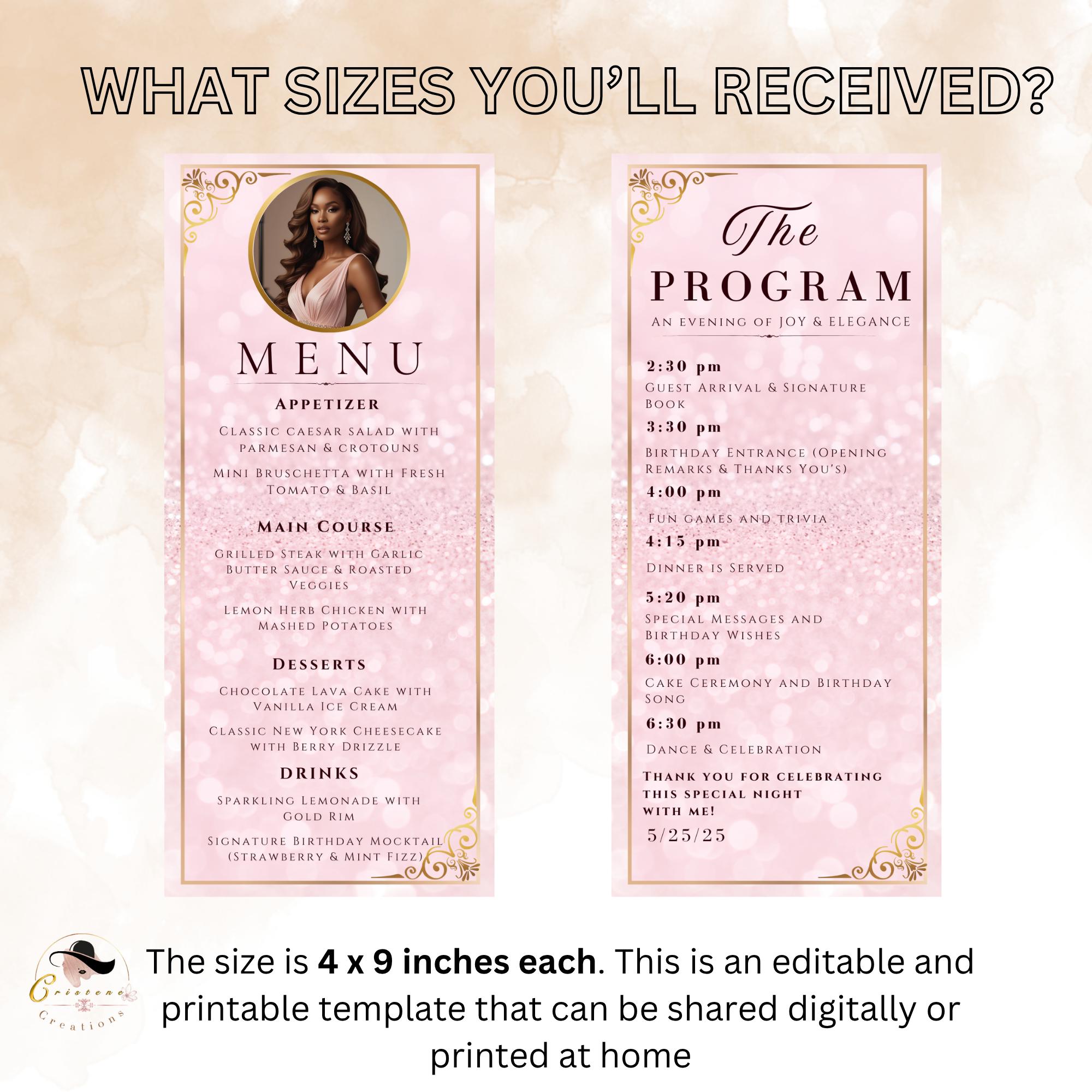 Menu and Program Template with photo Pink Sweet 16 Birthday Dinner Menu party Bridal Shower Menu Program Printable Baby Shower Menu cards