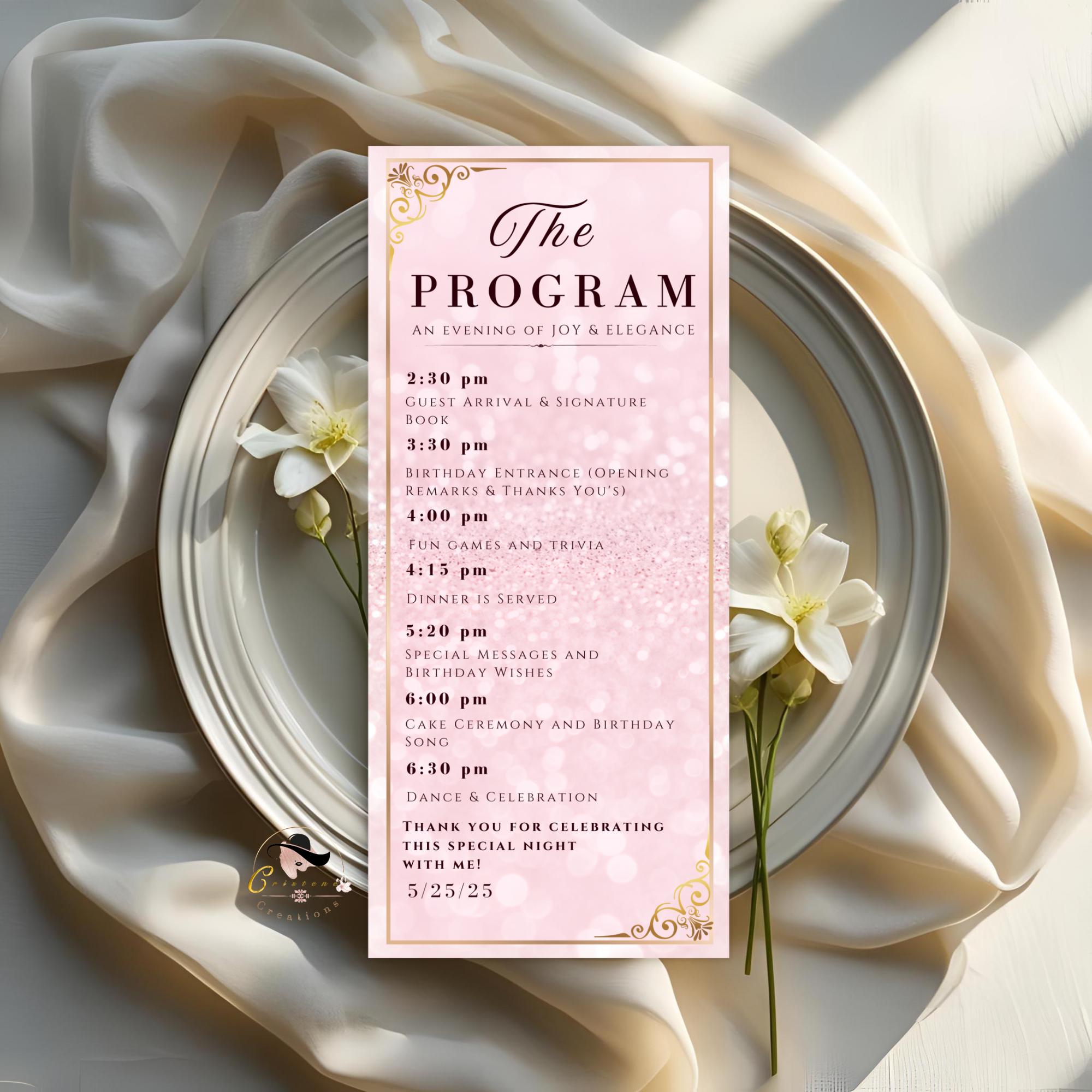 Menu and Program Template with photo Pink Sweet 16 Birthday Dinner Menu party Bridal Shower Menu Program Printable Baby Shower Menu cards