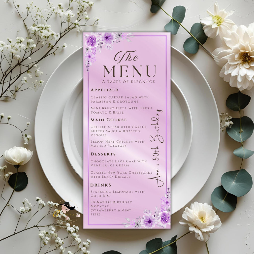 Purple Menu and Program Template Birthday party Menu Dinner, Retirement Program card Floral Menu card Printable Anniversary Program schedule