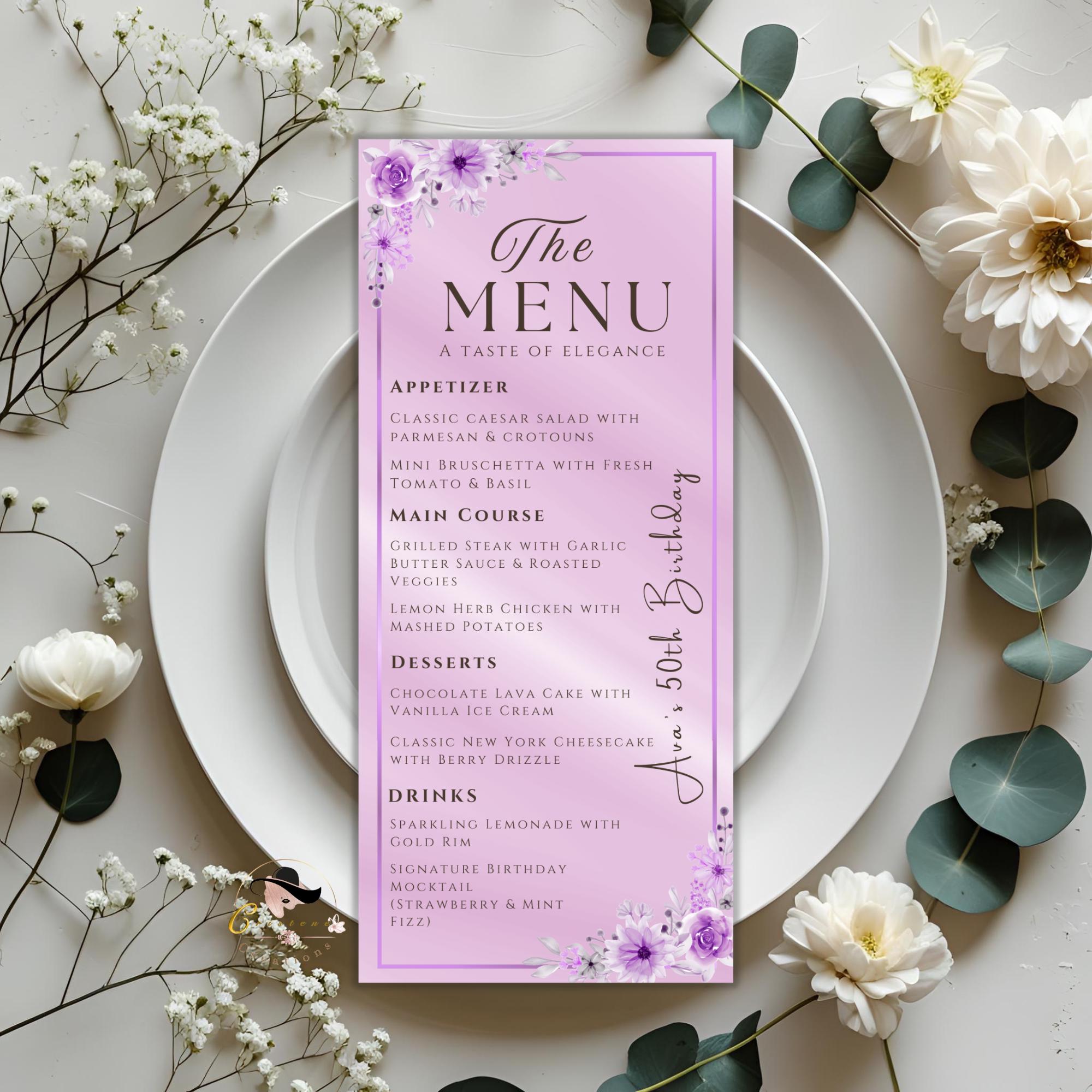 Purple Menu and Program Template Birthday party Menu Dinner, Retirement Program card Floral Menu card Printable Anniversary Program schedule