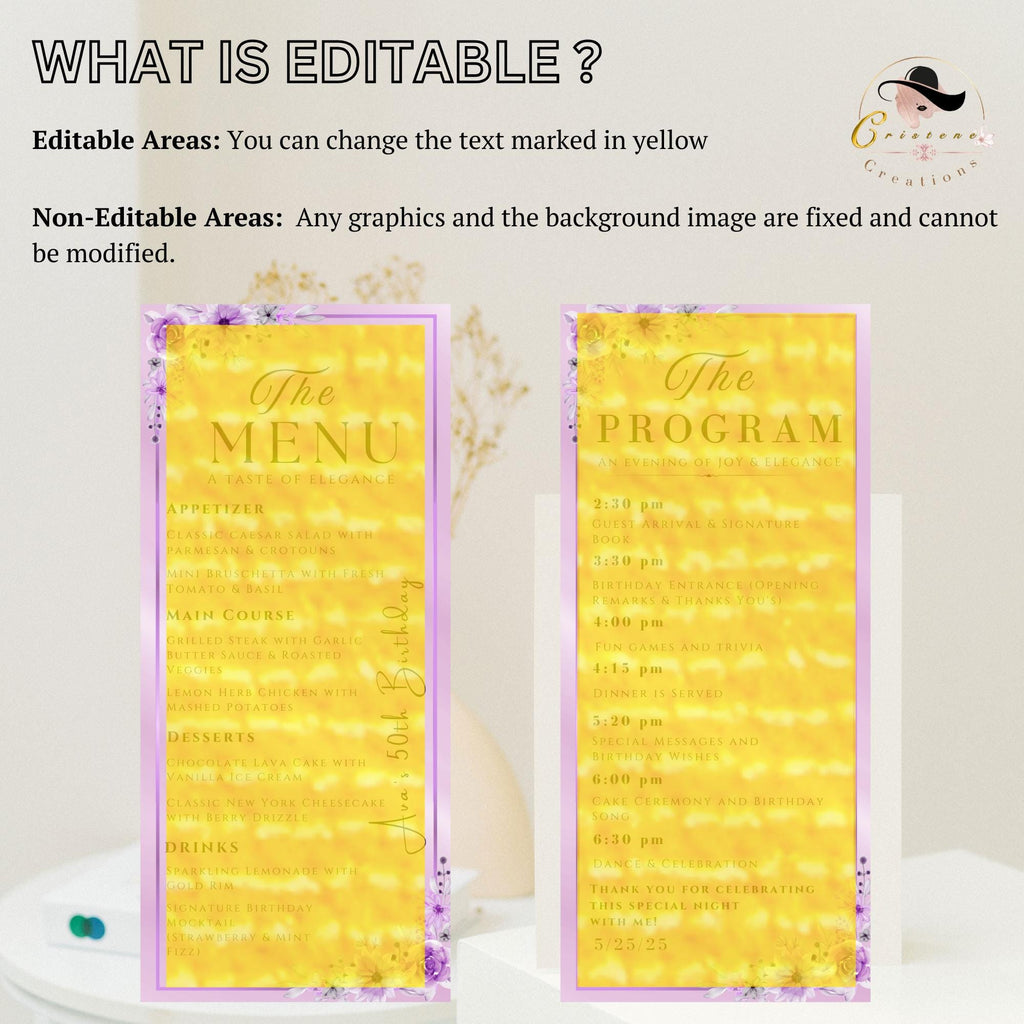 Purple Menu and Program Template Birthday party Menu Dinner, Retirement Program card Floral Menu card Printable Anniversary Program schedule