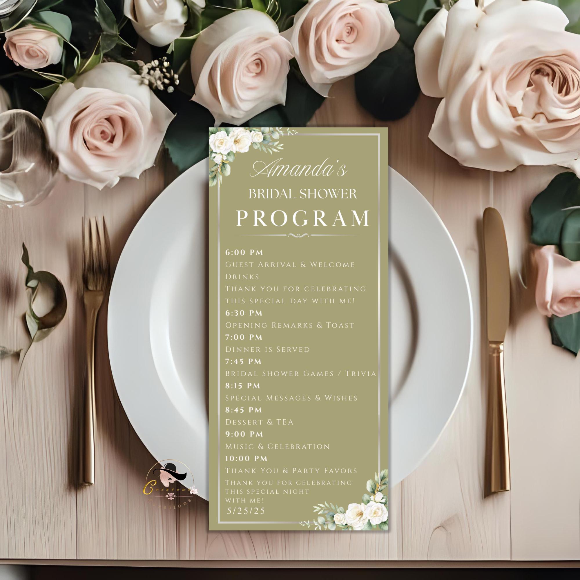 Green Floral Menu and Program, Bridal Shower Menu Card, Engagement Program party, Wedding Anniversary Menu Program Card Printable Template