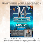 Digital 14th Birthday Invitation with photo Neon Blue 14th Birthday Dinner party Pizza and Gamer theme Teen Boy Invite Bruh You In Template