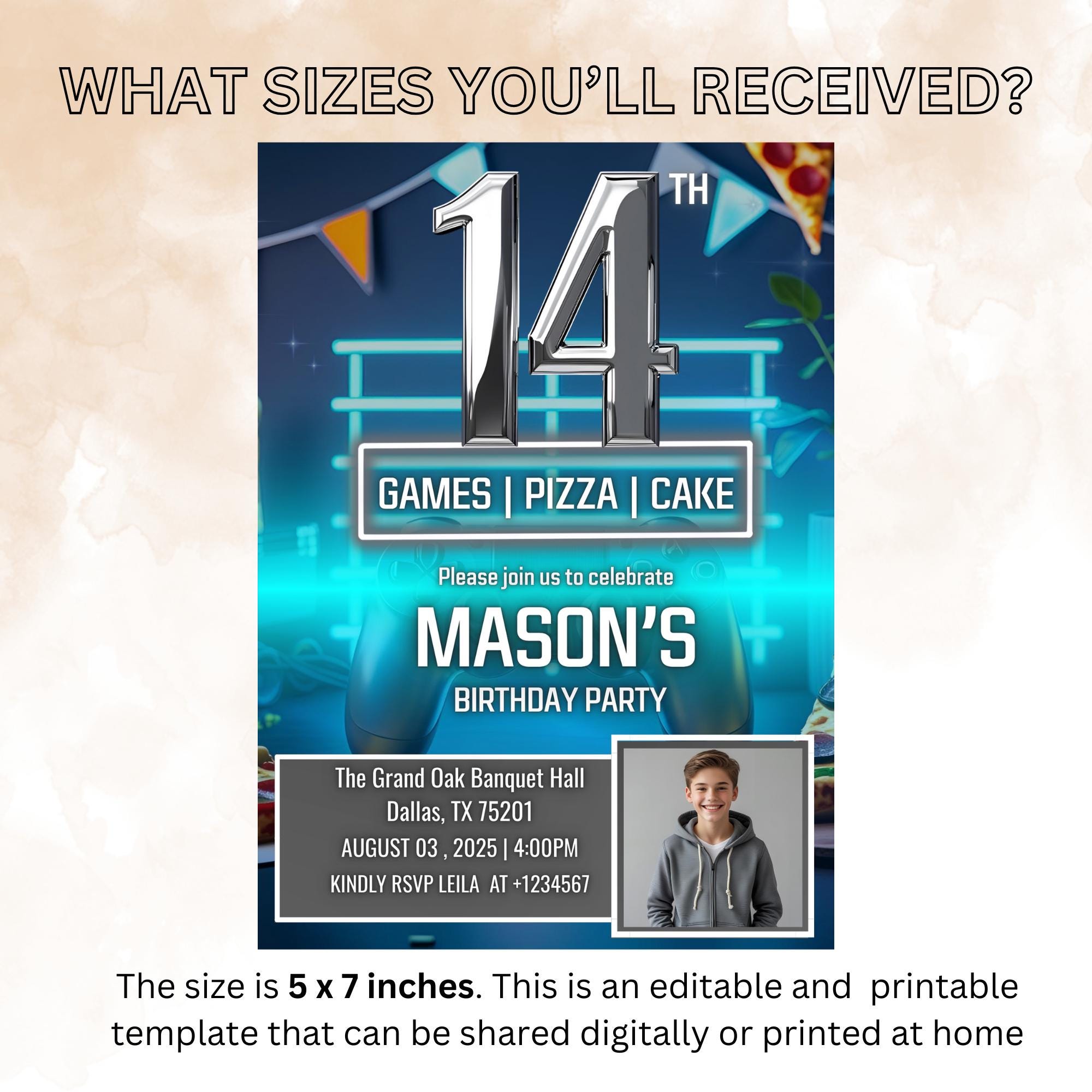 Digital 14th Birthday Invitation with photo Neon Blue 14th Birthday Dinner party Pizza and Gamer theme Teen Boy Invite Bruh You In Template