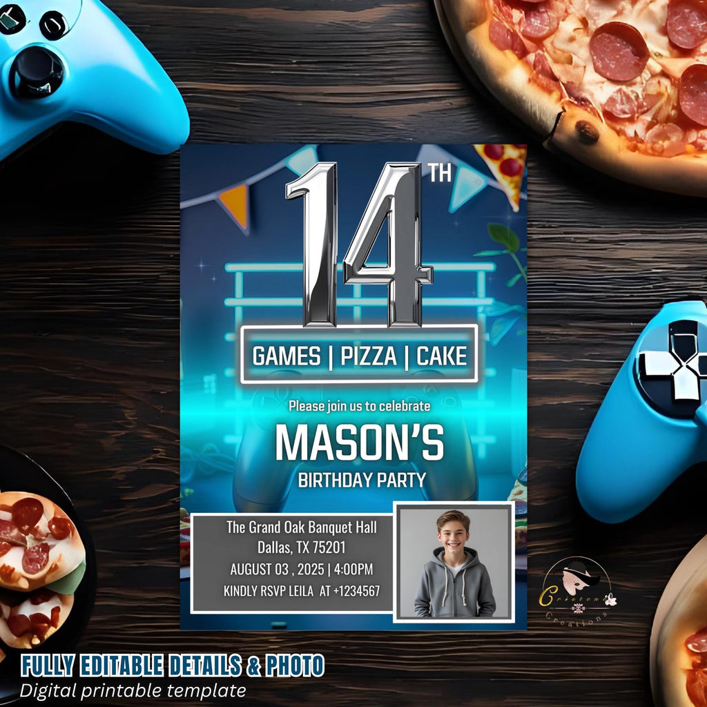 Digital 14th Birthday Invitation with photo Neon Blue 14th Birthday Dinner party Pizza and Gamer theme Teen Boy Invite Bruh You In Template