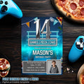 Digital 14th Birthday Invitation with photo Neon Blue 14th Birthday Dinner party Pizza and Gamer theme Teen Boy Invite Bruh You In Template