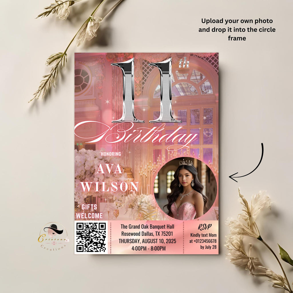 Digital 11th Birthday Invitation girl with photo Pink 11th Birthday party Dinner Invite, Eleventh Birthday card Printable, Sweet 11 Template