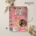 Digital 11th Birthday Invitation girl with photo Pink 11th Birthday party Dinner Invite, Eleventh Birthday card Printable, Sweet 11 Template