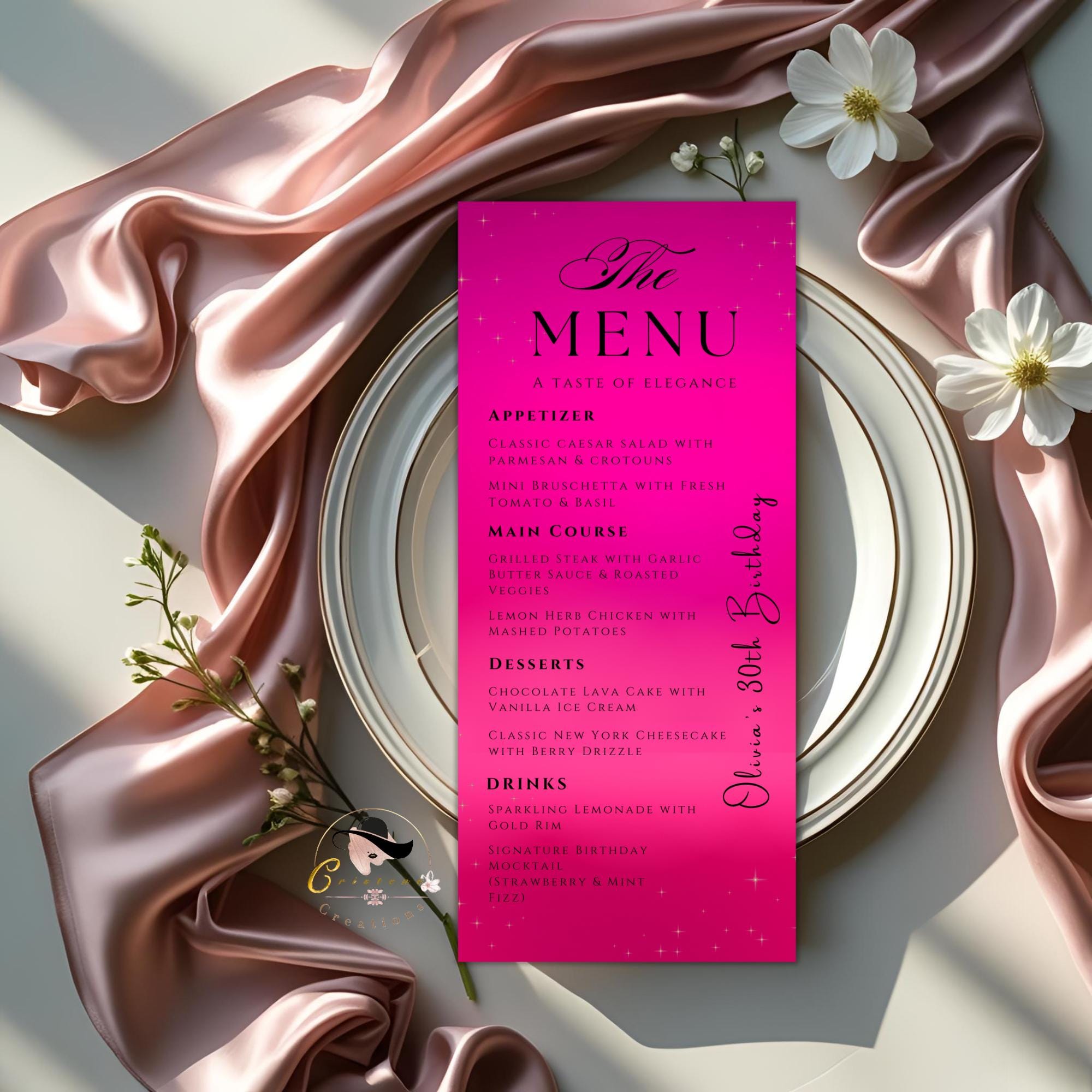 Editable Birthday Menu Template with photo Pink Elegant Menu Card Printable Birthday Dinner party menu Table cards Formal event Menu Design