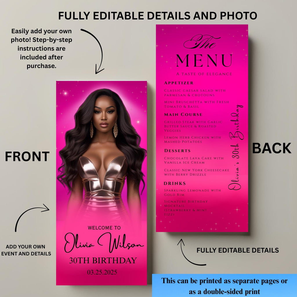 Editable Birthday Menu Template with photo Pink Elegant Menu Card Printable Birthday Dinner party menu Table cards Formal event Menu Design