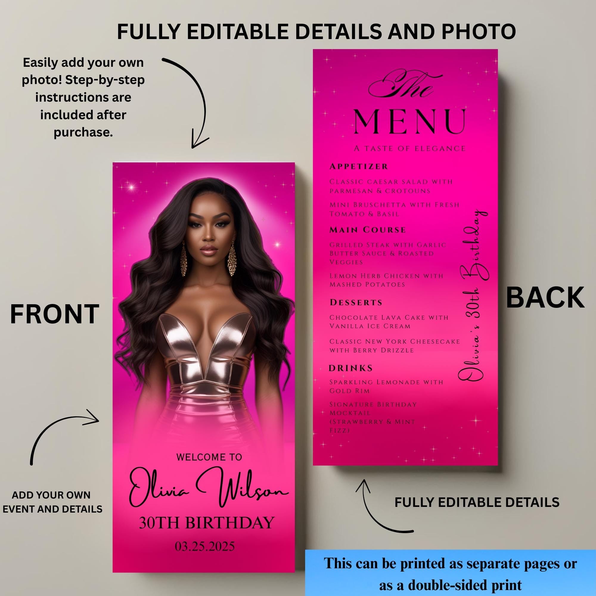 Editable Birthday Menu Template with photo Pink Elegant Menu Card Printable Birthday Dinner party menu Table cards Formal event Menu Design