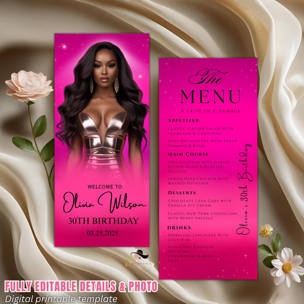 Editable Birthday Menu Template with photo Pink Elegant Menu Card Printable Birthday Dinner party menu Table cards Formal event Menu Design
