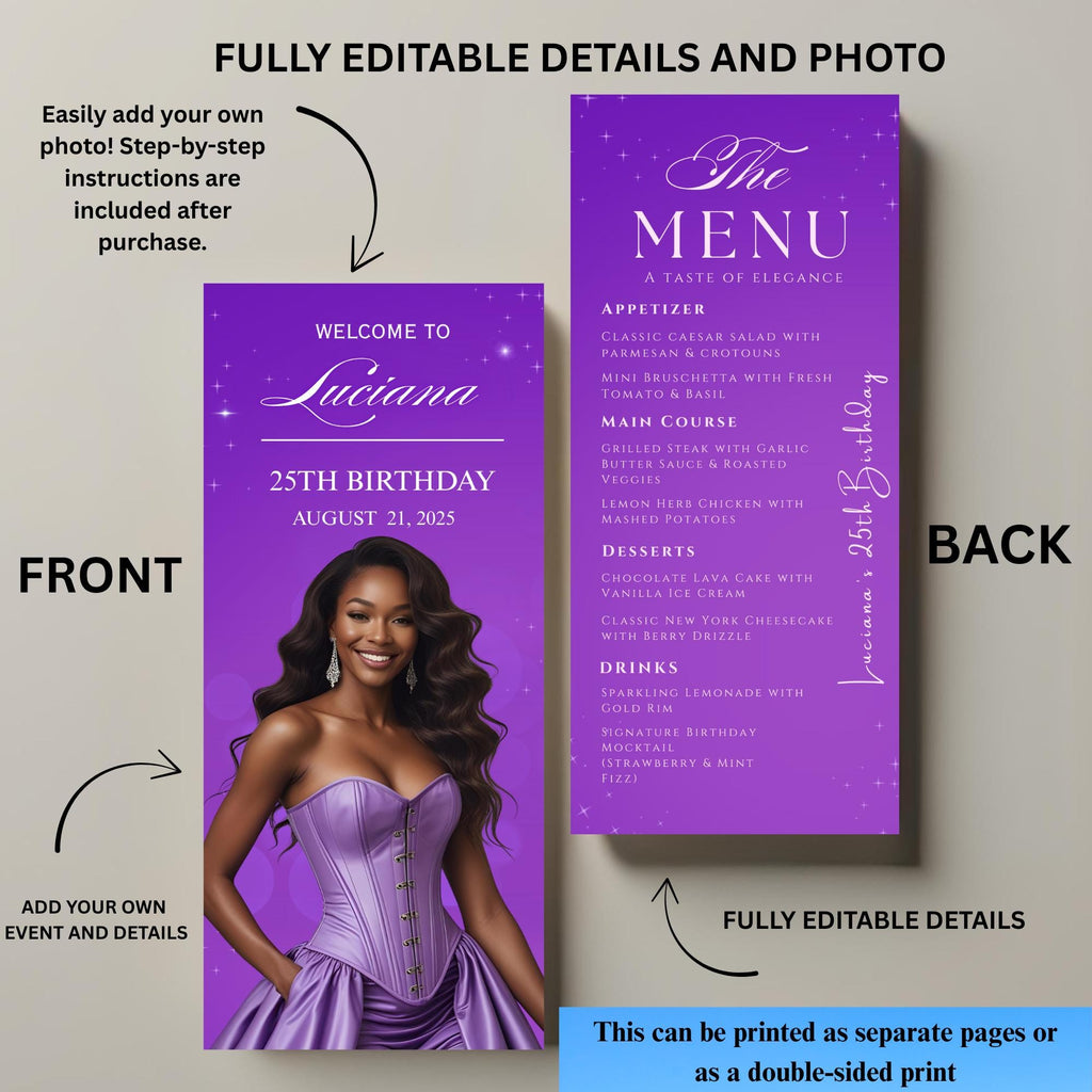 Purple Menu Card Template with photo, Birthday Dinner Menu cards, Printable Bridal Shower Menu Design Double Sided Retirement Menu