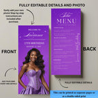 Purple Menu Card Template with photo, Birthday Dinner Menu cards, Printable Bridal Shower Menu Design Double Sided Retirement Menu