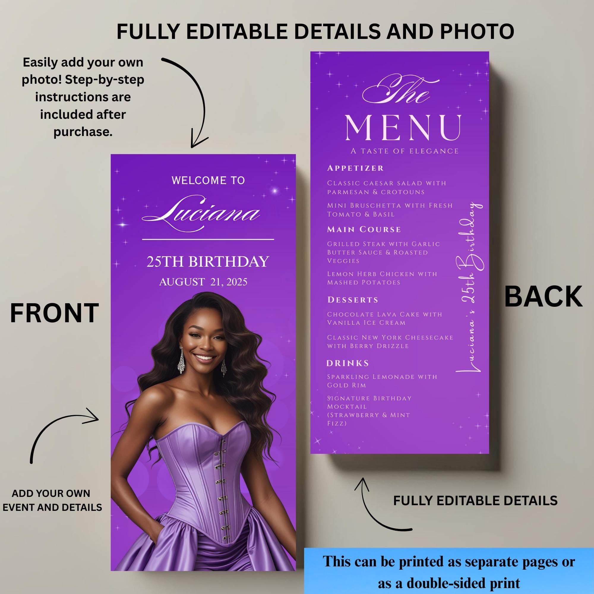 Purple Menu Card Template with photo, Birthday Dinner Menu cards, Printable Bridal Shower Menu Design Double Sided Retirement Menu