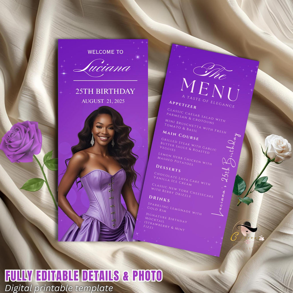 Purple Menu Card Template with photo, Birthday Dinner Menu cards, Printable Bridal Shower Menu Design Double Sided Retirement Menu