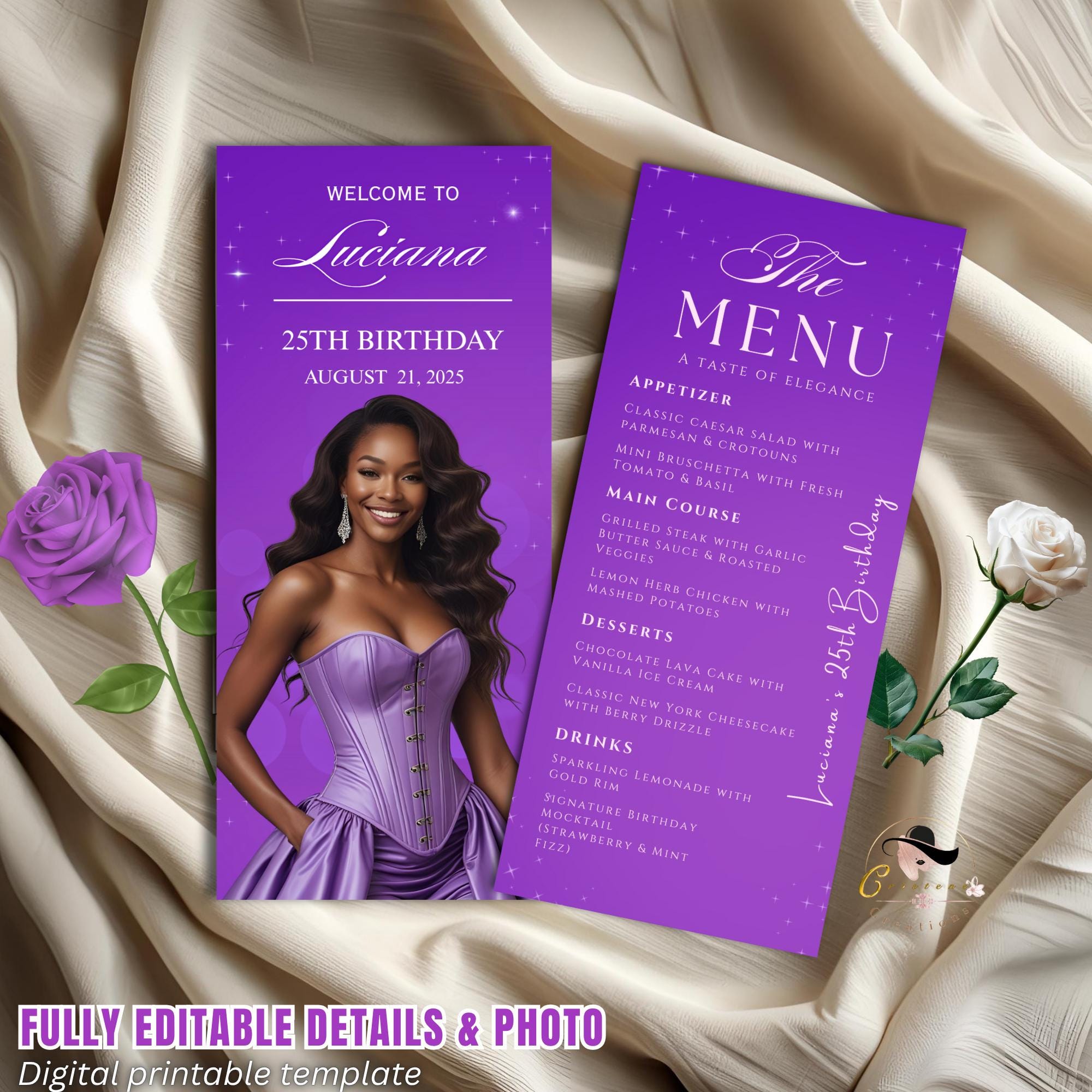 Purple Menu Card Template with photo, Birthday Dinner Menu cards, Printable Bridal Shower Menu Design Double Sided Retirement Menu