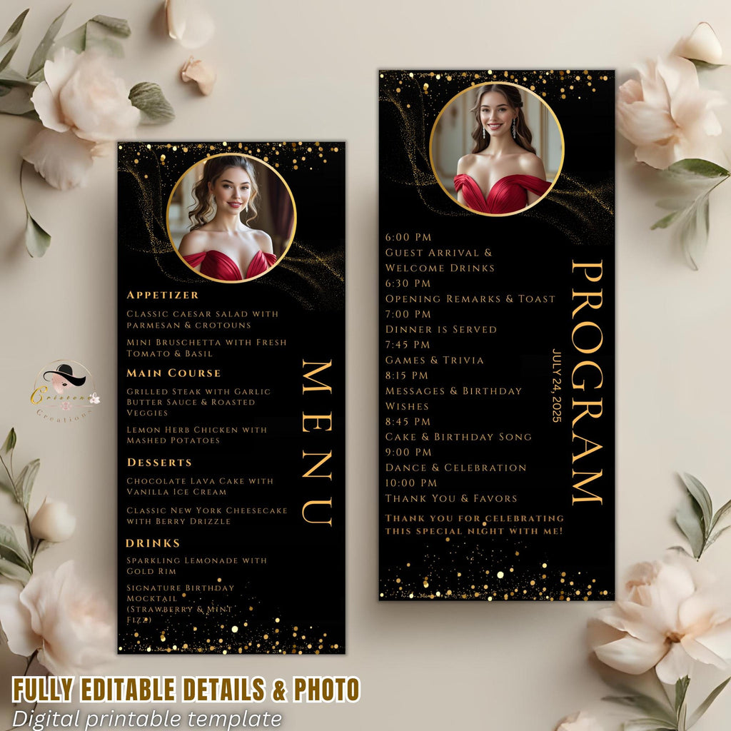 Editable Menu and Program Template Black Gold with photo Birthday Party Menu Dinner cards Printable Event Program Retirement Menu Design