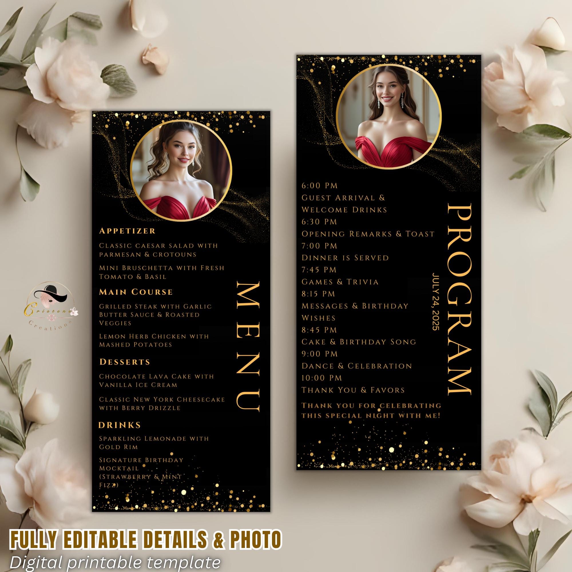 Editable Menu and Program Template Black Gold with photo Birthday Party Menu Dinner cards Printable Event Program Retirement Menu Design