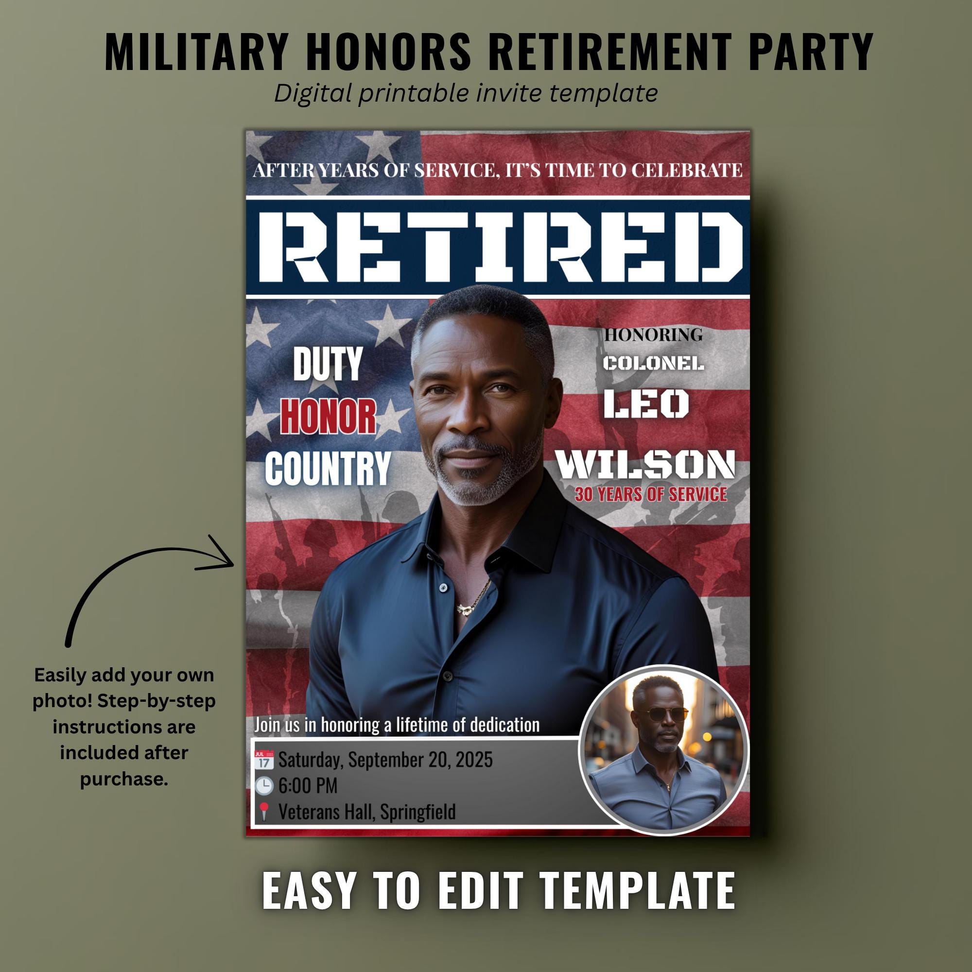 Men Retirement Party Invitation US Military Farewell party invite Patriotic Veteran Army Soldier Retirement Dinner Template with photo