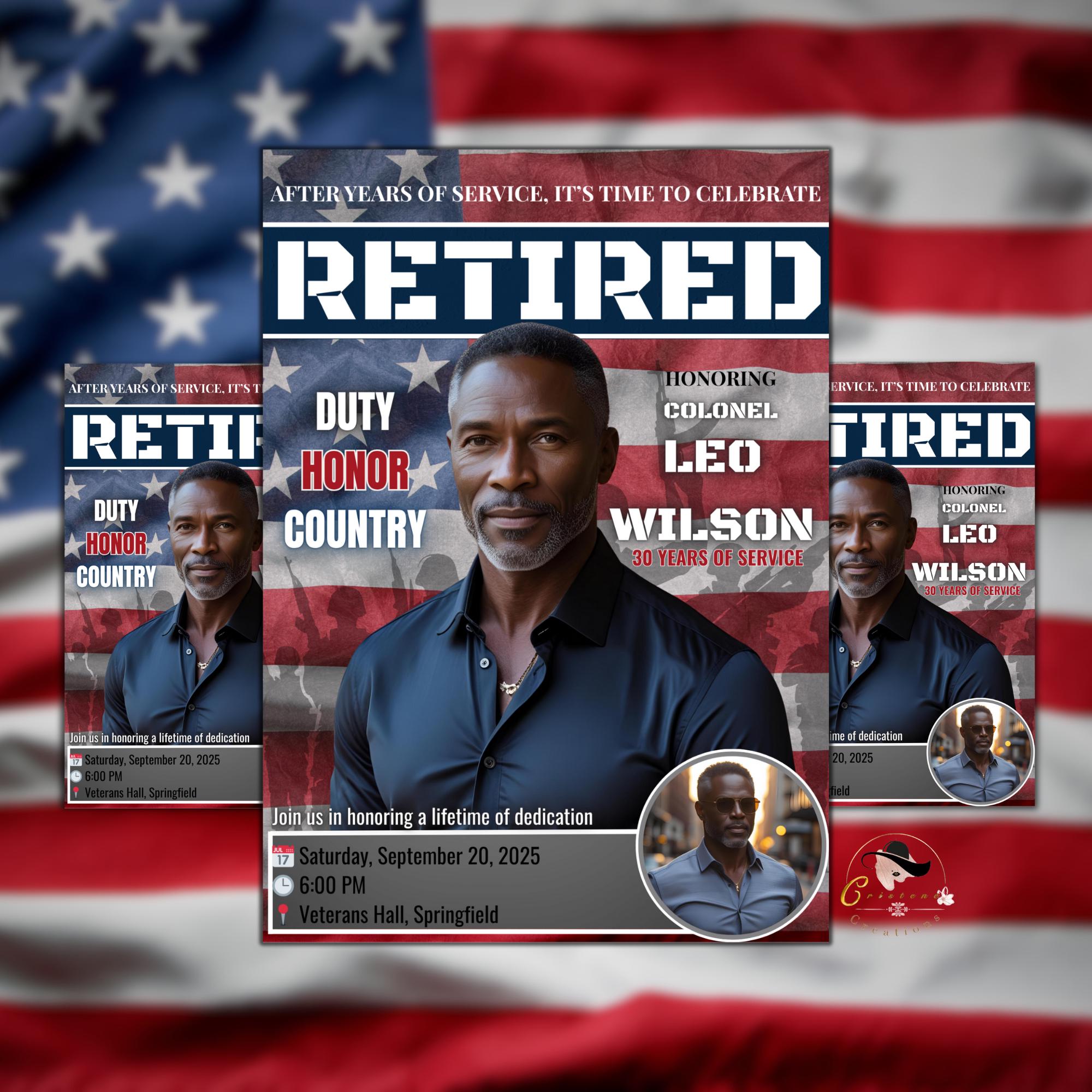 Men Retirement Party Invitation US Military Farewell party invite Patriotic Veteran Army Soldier Retirement Dinner Template with photo