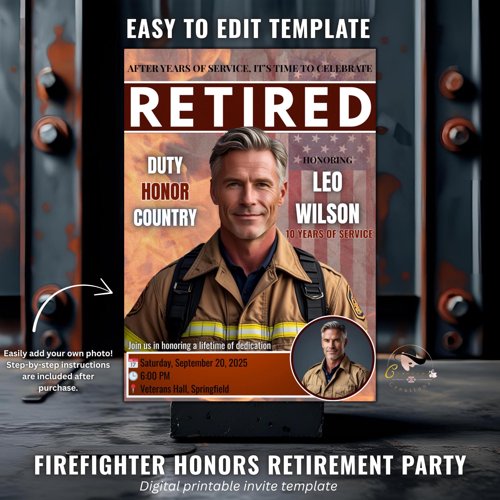 Men Firefighter Retirement Party Invitation Digital Fireman Farewell Party invite Fire Dept Retirement Veteran Tribute party photo template