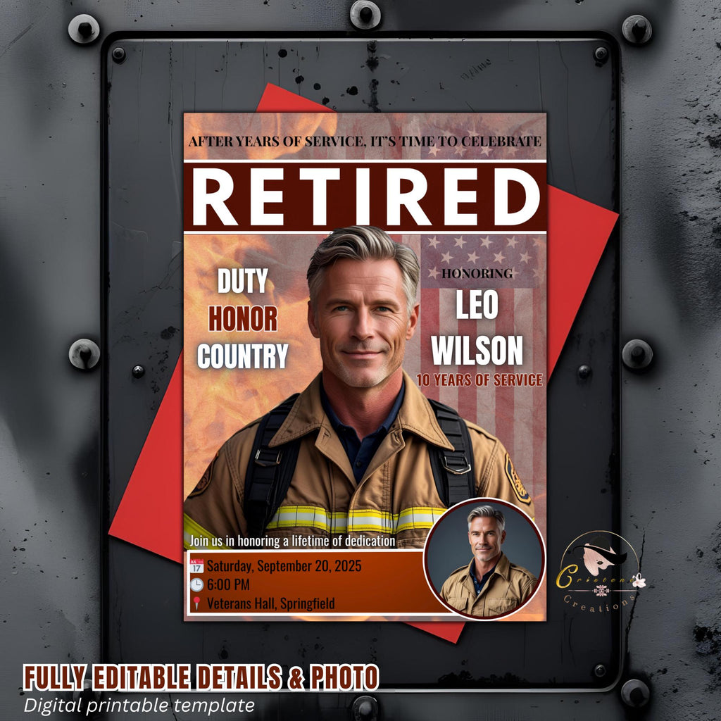 Men Firefighter Retirement Party Invitation Digital Fireman Farewell Party invite Fire Dept Retirement Veteran Tribute party photo template