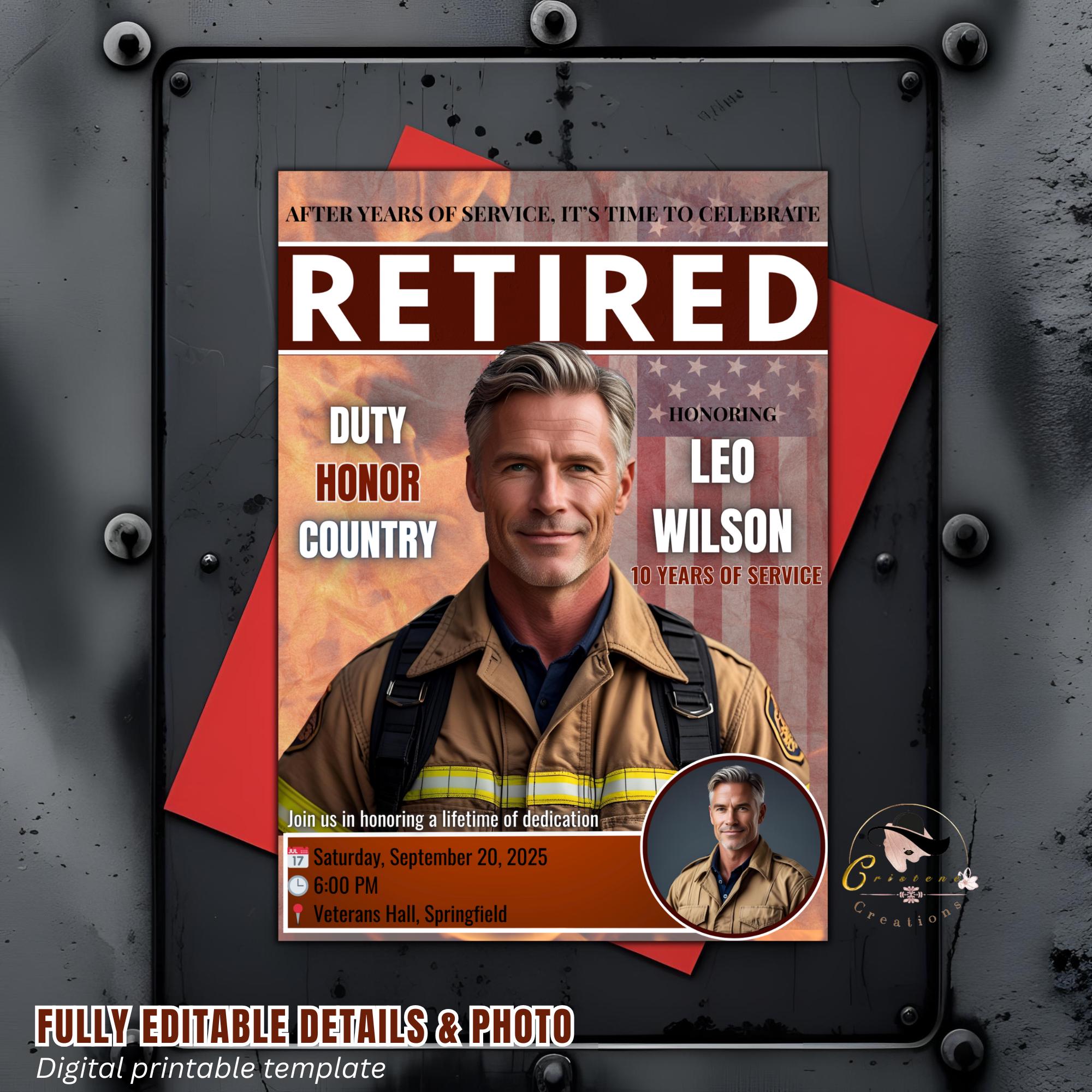 Men Firefighter Retirement Party Invitation Digital Fireman Farewell Party invite Fire Dept Retirement Veteran Tribute party photo template
