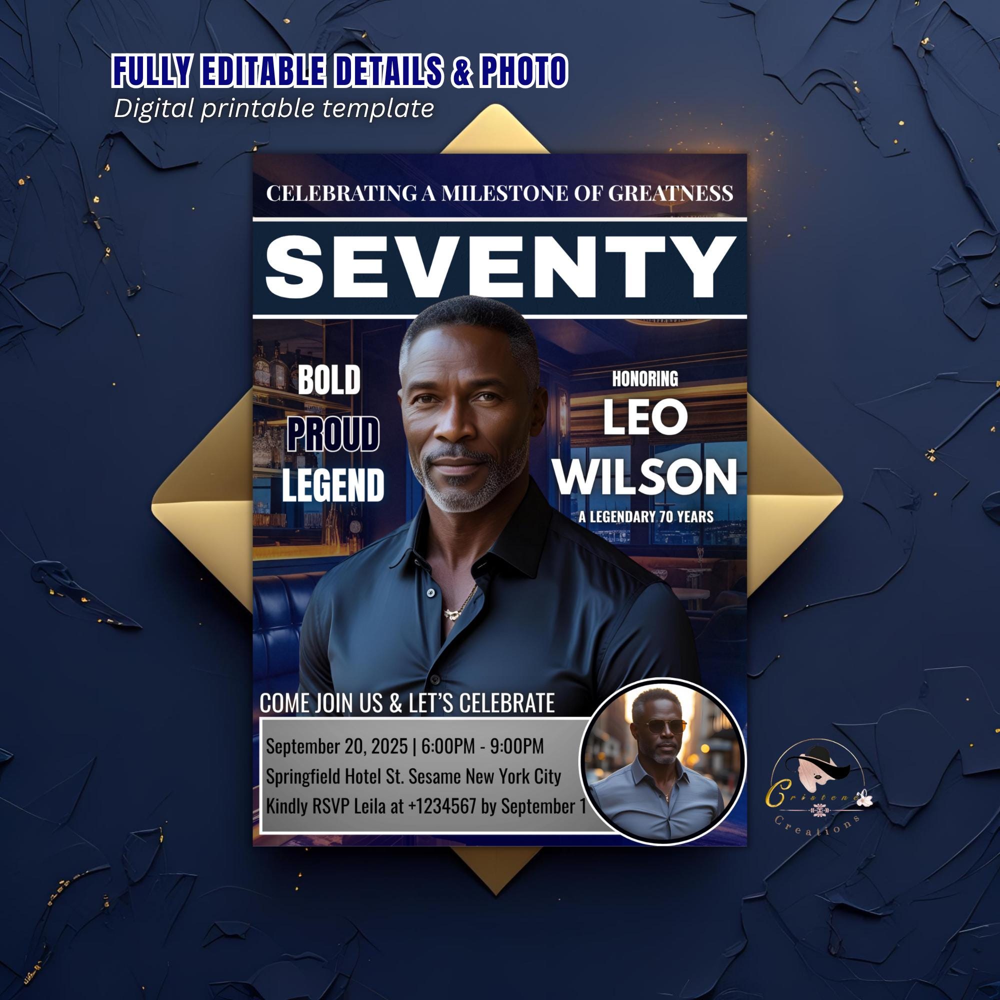 Men 70th Birthday Invitation Navy Blue Silver Digital 70th Birthday Dinner invite Seventieth Birthday Gentlemen Party with photo template