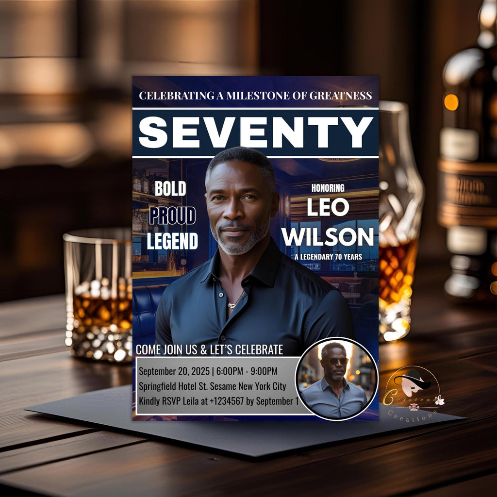 Men 70th Birthday Invitation Navy Blue Silver Digital 70th Birthday Dinner invite Seventieth Birthday Gentlemen Party with photo template