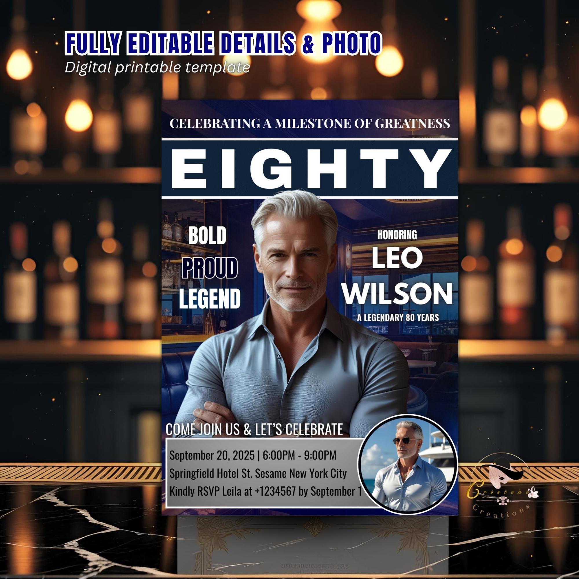Digital 80th Birthday Invitation Men Blue Silver 80th Birthday Dinner Invite Editable Eightieth Birthday Surprise party with photo Template