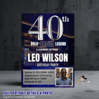 Editable 40th Birthday Invitation Men with photo, Blue Silver 40th Birthday Surprise Party invite Digital Forty Birthday Dinner Template